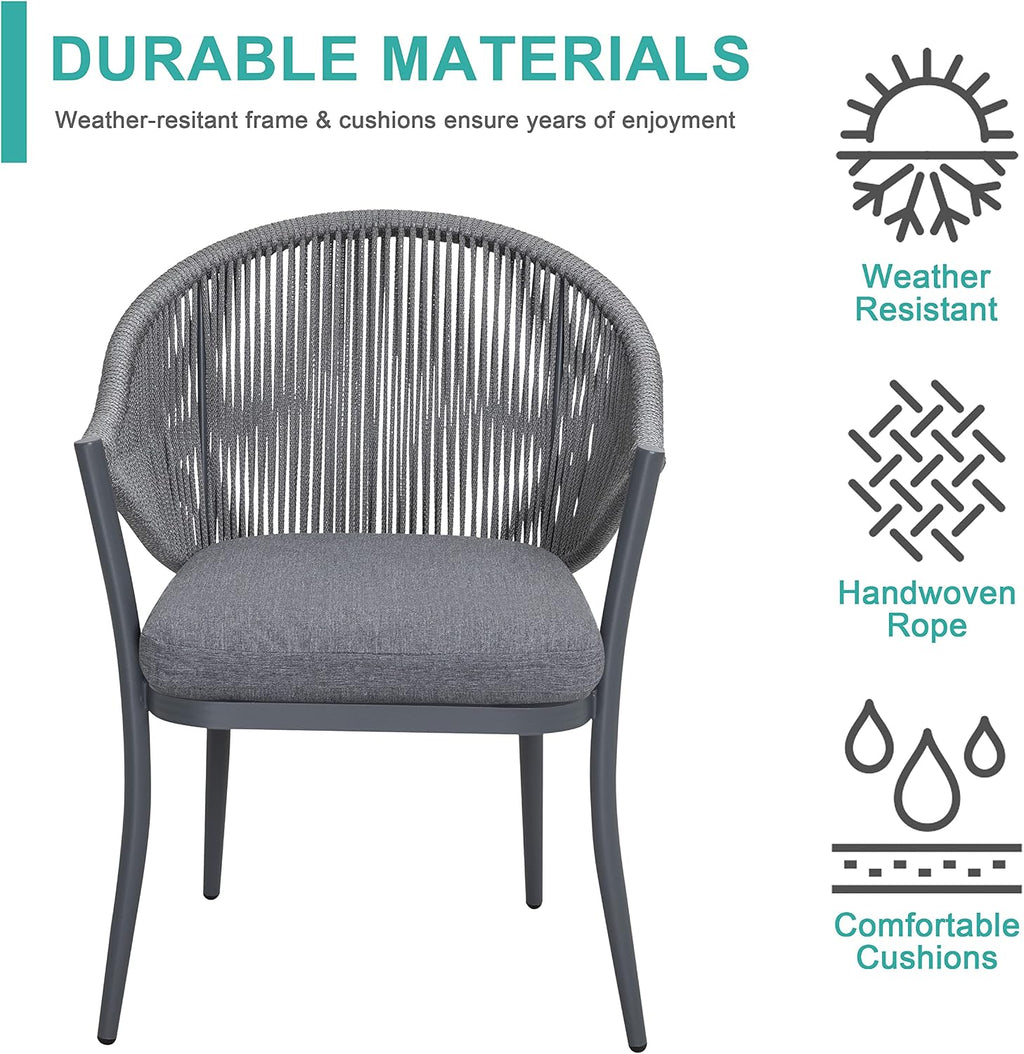 NUU GARDEN 3 Piece Outdoor Bistro Set, Woven Rope Conversation Patio Set, All Weather Aluminum Patio Furniture Chairs and Table with Cushions for Garden, Deck, Backyard, Gray