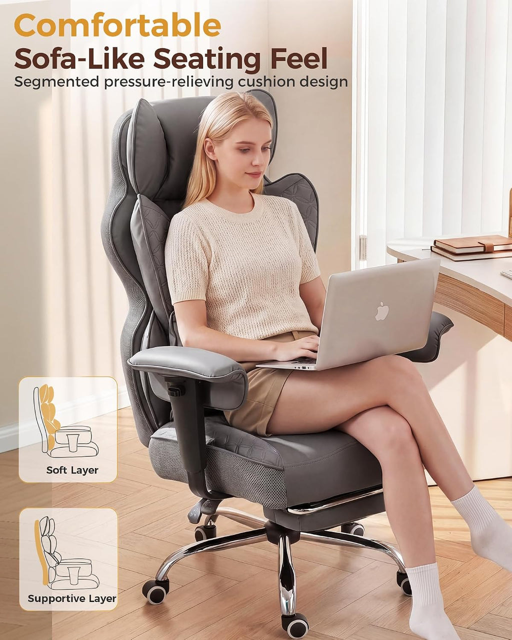 COMHOMA Big and Tall Office Chair Heavy Duty Gaming Chair with Deluxe Embossing Leather High Back Wider Ergonomic Computer Chair with Foot Rest 150°Reclining Pocket Spring Lumbar Support