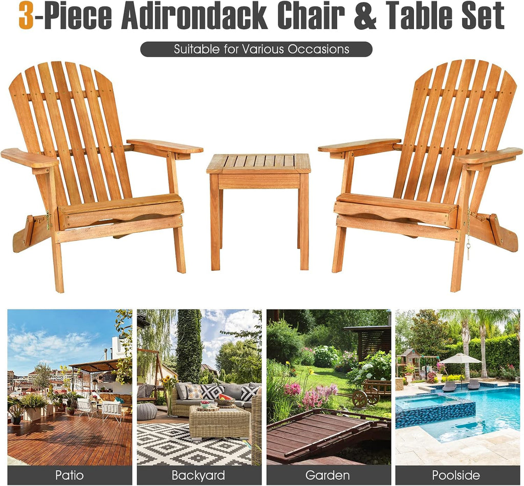Tangkula 3 Pieces Adirondack Chair Set, Outdoor Wood Furniture Set with 2 Folding Lounge Chairs & Side Table, Widened Armrest, Slatted Design, All Weather Conversation Set for Garden Patio Backyard
