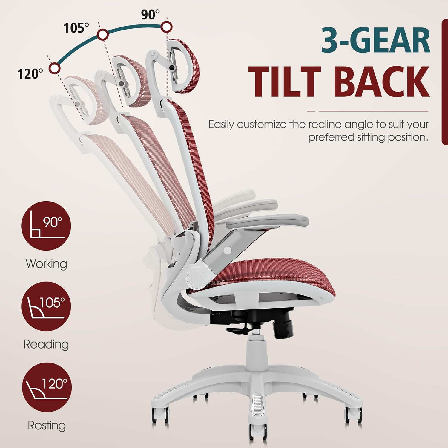 GABRYLLY Ergonomic Office Chair, High Back Home Desk Chair with Headrest, Flip-Up Arms, 90-120° Tilt Lock and Wide Cushion, 300LBS Mesh Chairs for Man Woman, White Task Chair(Red,GY01WR)