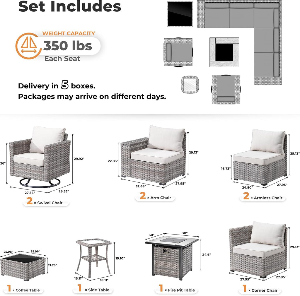 ovios 10 Pieces Patio Furniture Set, Outdoor Wicker Sectional Sofa with 30' Fire Pit Table Swivel Chairs, Modern Modular Deep Seat Rattan Couch Conversation Sets, Beige