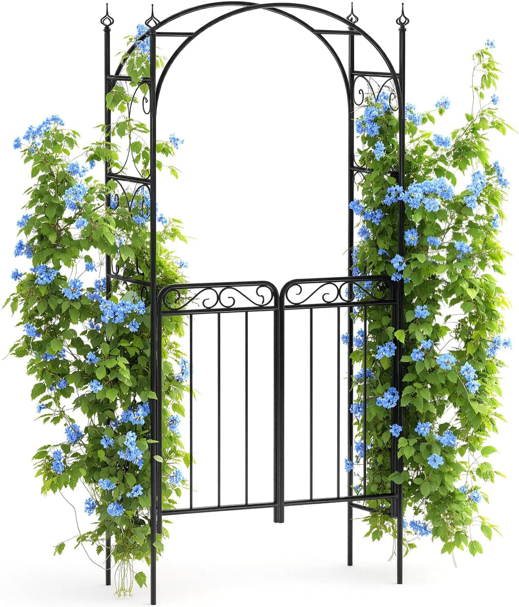 8FT Elegant Garden Arch with Double Gates - Metal Wedding Arbor for Outdoor Ceremonies, Sturdy Steel Trellis for Roses, Vines & Climbing Plants, Perfect for Patio, Lawn & Backyard Decor