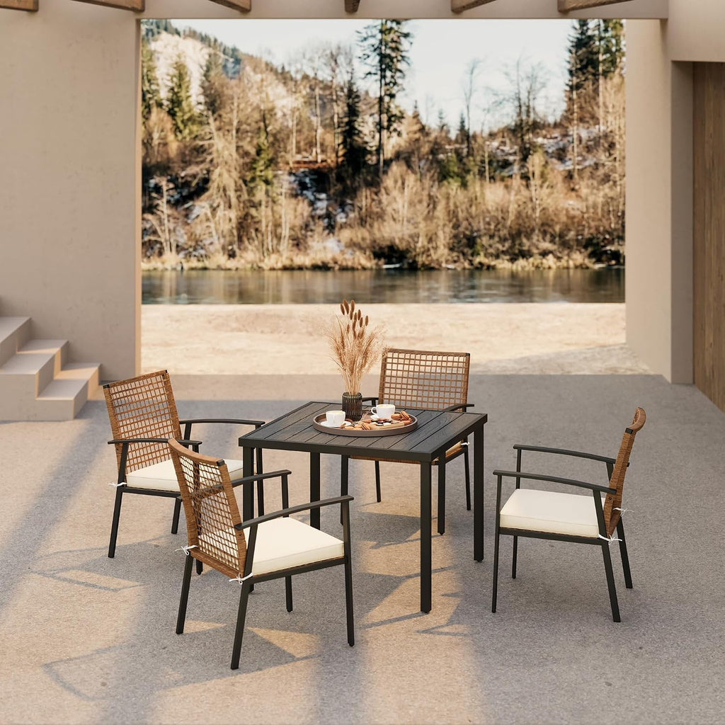 LAUSAINT HOME 5 Pieces Outdoor Patio Dining Set, Wicker Patio Furniture Set of 4 Chairs with Soft Cushion and Square Table with Umbrella Hole, Conversation Set for Backyard, Garden and Poolside