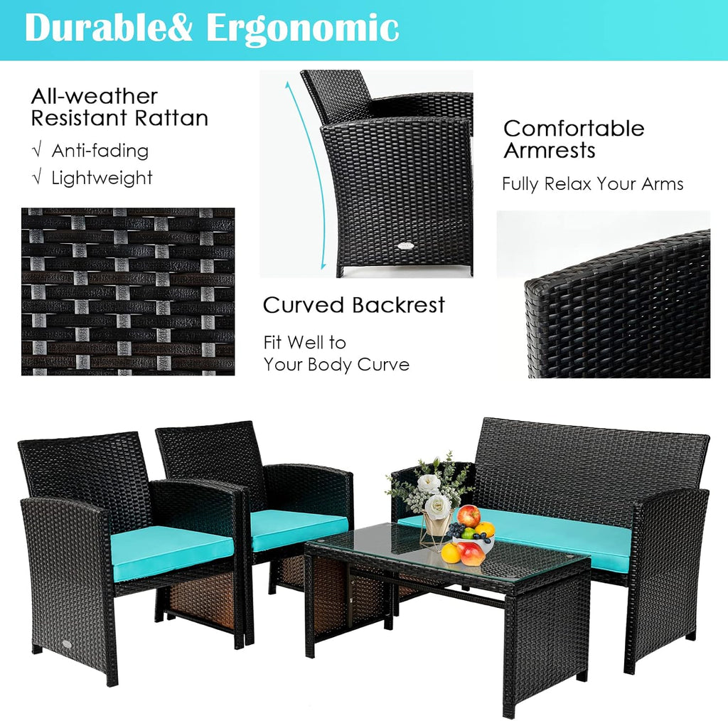 COSTWAY 4 Piece Patio Furniture Set, Outdoor PE Rattan Wicker Sectional Sofa with Cushion and Coffee Table, Patio Conversation Sets for Balcony Lawn Porch Patio Backyard Garden Poolside, Turquoise