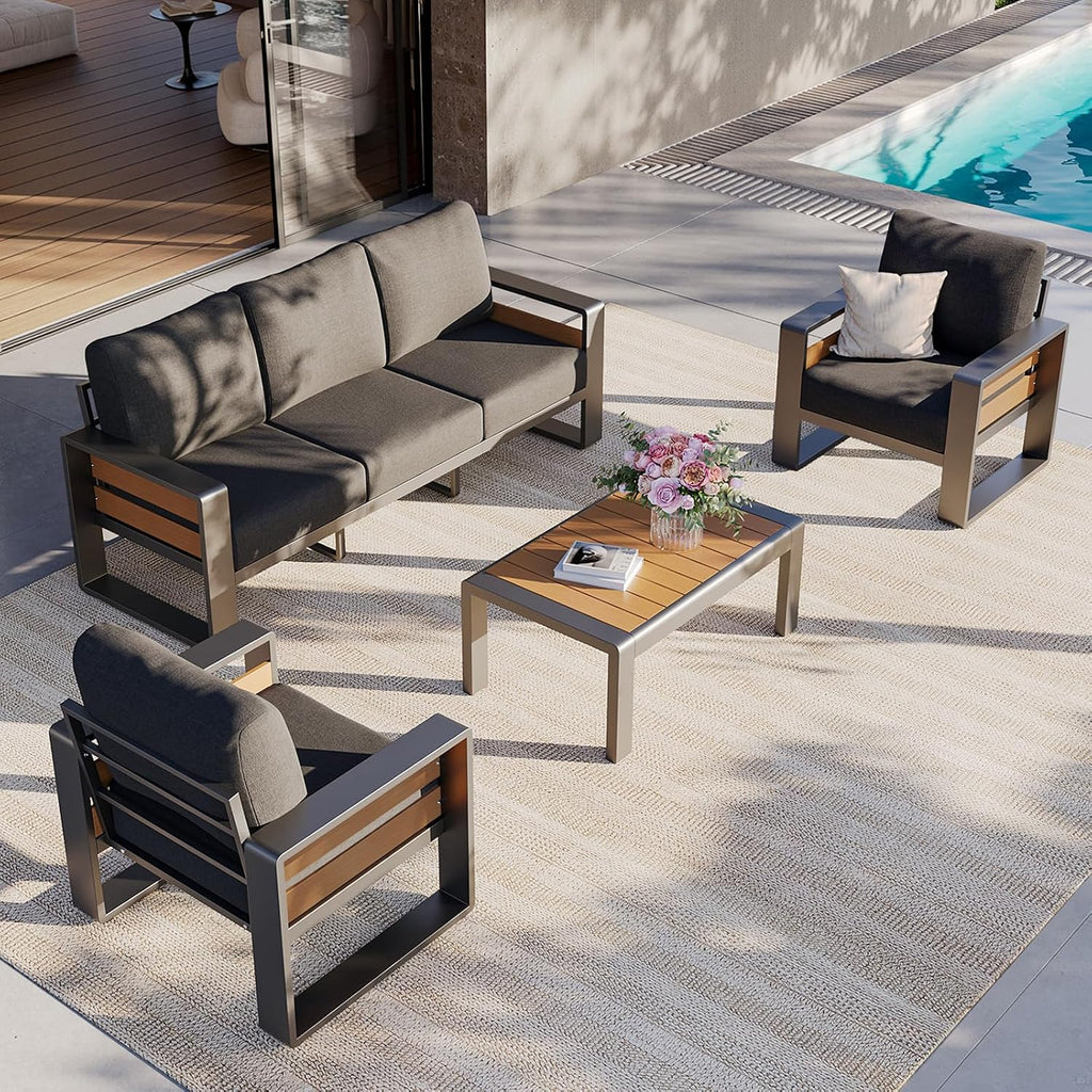 Aoxun Aluminum Patio Furniture Set, 5 Seats Sectional Metal Patio Furniture with Coffee Table, 6'' Thick Cushions and 3-Seat Sofa, Modern Outside Sectional Set for Backyard/Garden/Poolside, Dark Grey