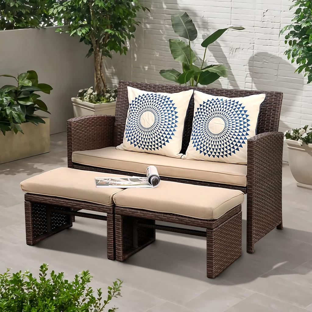 OC Orange-Casual Outdoor Loveseat 3 Piece Patio Furniture Set Outdoor Conversation Set All-Weather Wicker Love Seat with Ottoman/Side Table, Brown Rattan, Beige