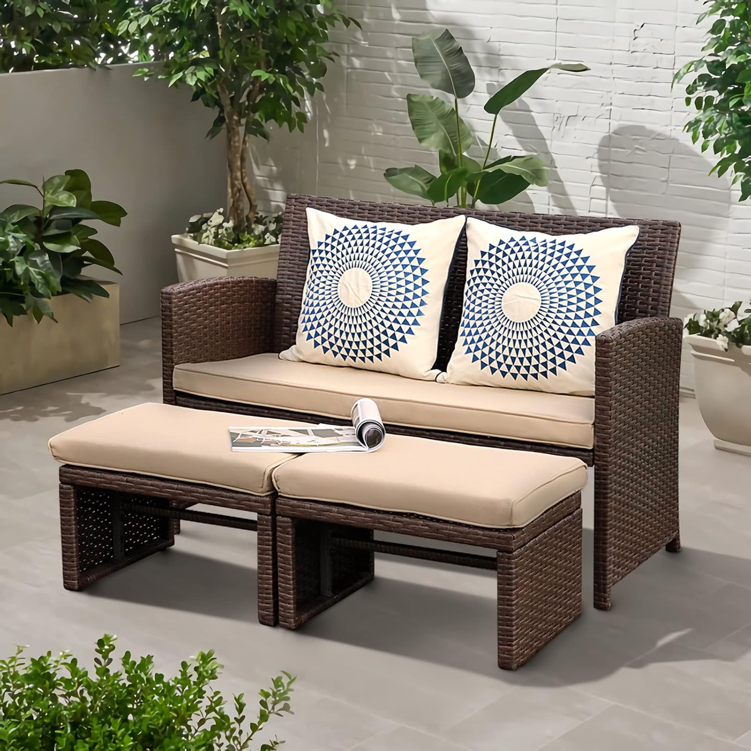 OC Orange-Casual Outdoor Loveseat 3 Piece Patio Furniture Set Outdoor Conversation Set All-Weather Wicker Love Seat with Ottoman/Side Table, Brown Rattan, Beige