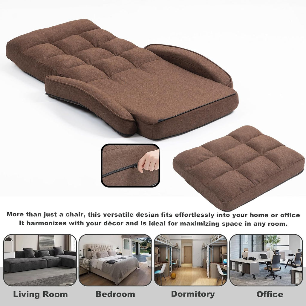 Indoor Floor Chair with Armrest and Pillow Folding Chaise Lounge Sofa 14-Position Adjustable Comfy Gaming Recliner Chair Padded Seats for Adults (Brown)