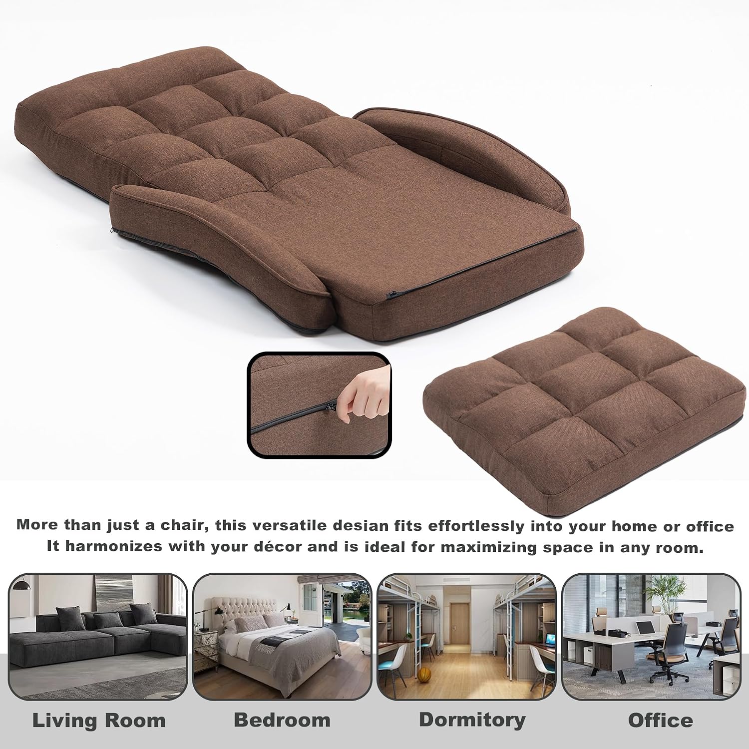 Indoor Floor Chair with Armrest and Pillow Folding Chaise Lounge Sofa 14-Position Adjustable Comfy Gaming Recliner Chair Padded Seats for Adults (Brown)