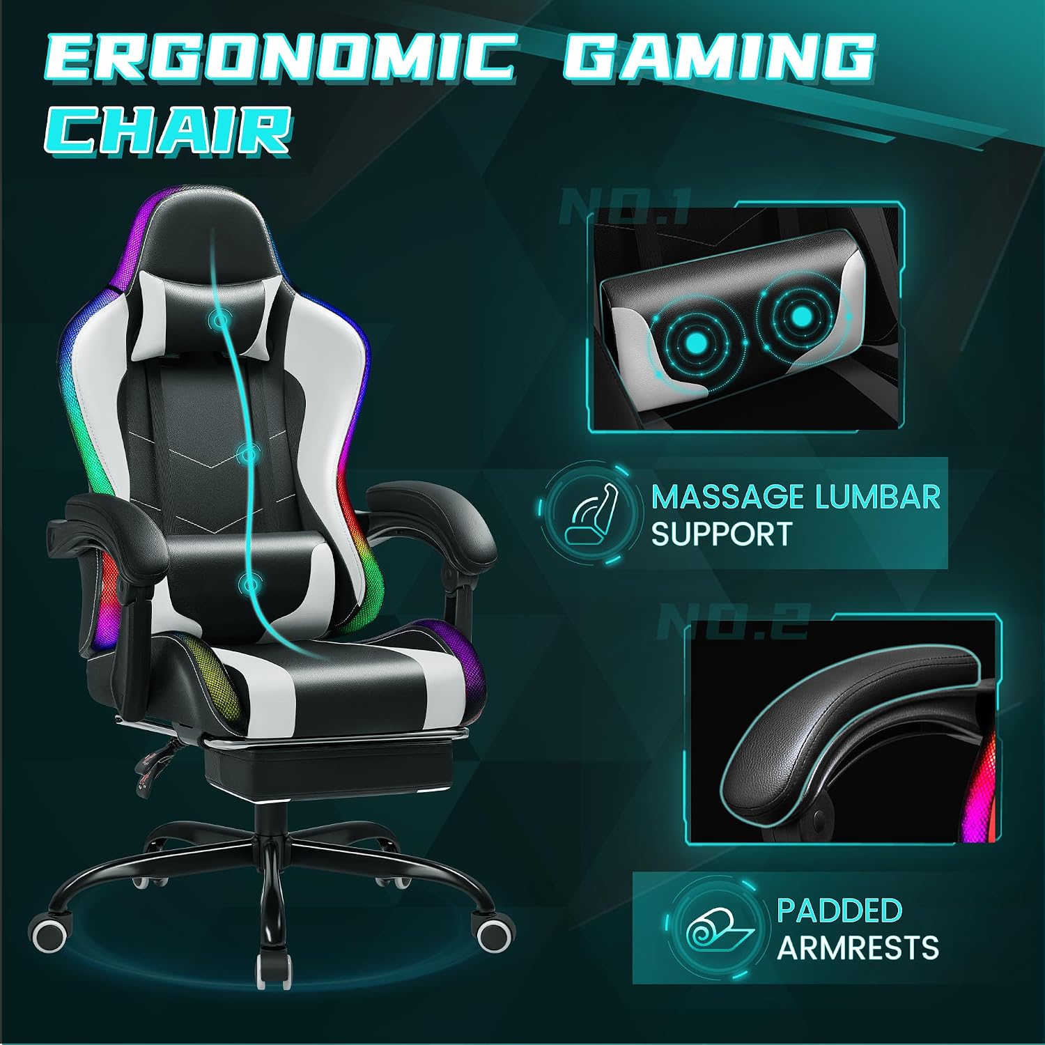 Gaming Chair with RGB, Computer Gaming Chairs with LED Lights and Footrest for Home, Office, White and Black