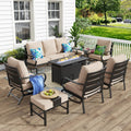 MFSTUDIO 8 Pieces Patio Furniture Sets with 45' Gas Fire Pit Table(Up to 9 Seat), Outdoor Metal Conversation Sofas with 1 x 3-Seat Sofa, 2 Single Chairs, 2 Rocking Chairs and 2 Ottoman, Beige Cushion