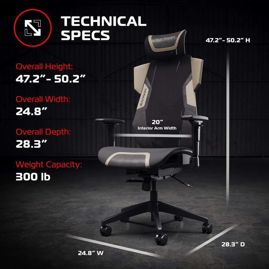 RESPAWN FLEXX Ergonomic Office and Gaming Chair with Lumbar Support - Breathable Mesh Recliner with Headrest & Adjustable Arms, Comfy Home Office Desk Chairs, Reclining Gaming Seat for Adults - Brown