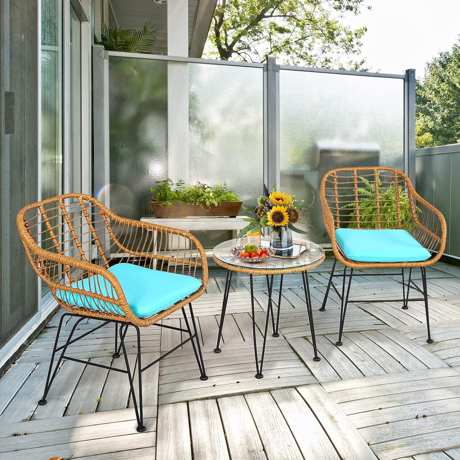 Tangkula 3 Pieces Patio Bistro Set, Rattan Conversation Set with 2 Cushioned Armchairs & Round Glass Coffee Table, Indoor Outdoor Wicker Furniture Set for Balcony, Backyard, Garden, Poolside