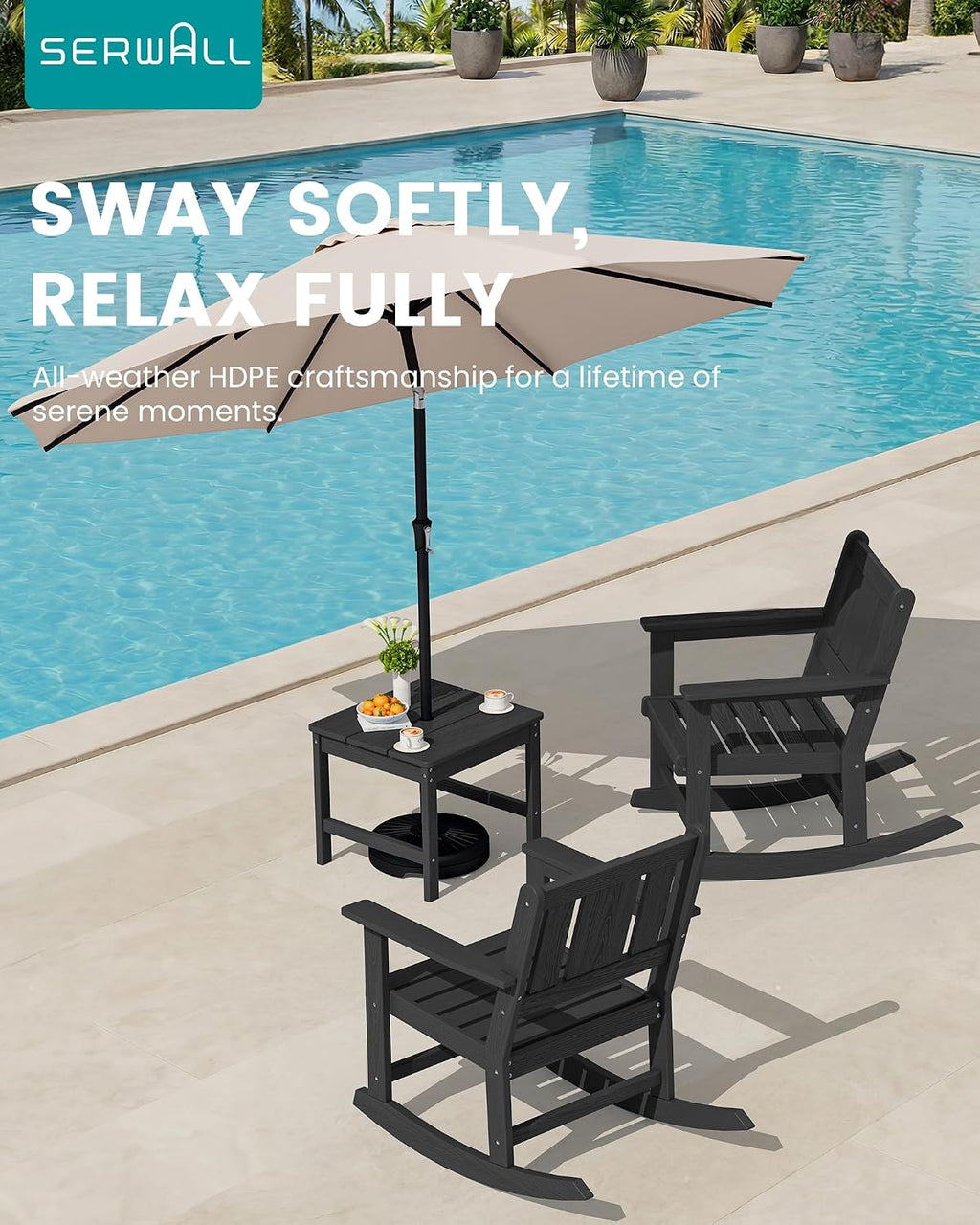 SERWALL Outdoor Rocking Chair Set of 2 with Side Table, All-Weather HDPE 3 Piece Patio Furniture Set, Outdoor Bistro Set with Pre-Drilled Umbrella Hole for Porch Deck Lawn Balcony, Black