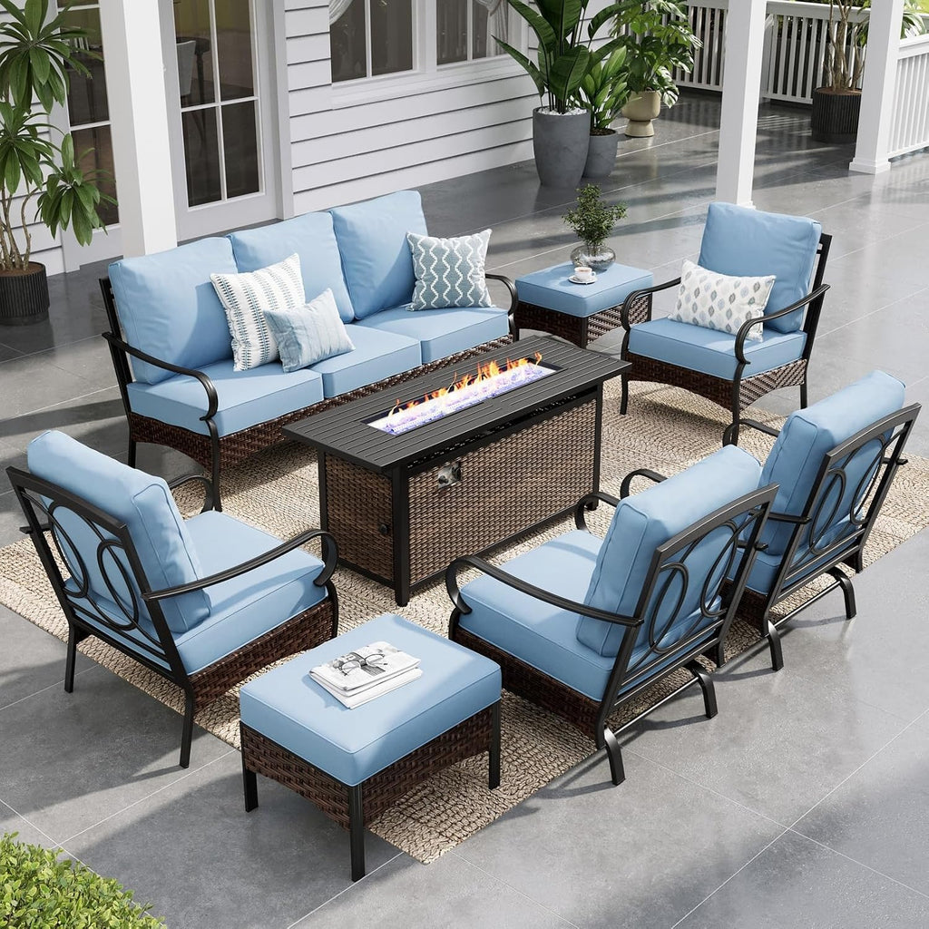 Sophia & William Patio Furniture Set with 56' Fire Pit Table, 9 Seats Metal Frame Outdoor Conversation Sets Wicker Patio Sectional Sofa Set with Ottomans for Porch, Deck, Poolside, Blue