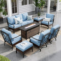 Sophia & William Patio Furniture Set with 56' Fire Pit Table, 9 Seats Metal Frame Outdoor Conversation Sets Wicker Patio Sectional Sofa Set with Ottomans for Porch, Deck, Poolside, Blue
