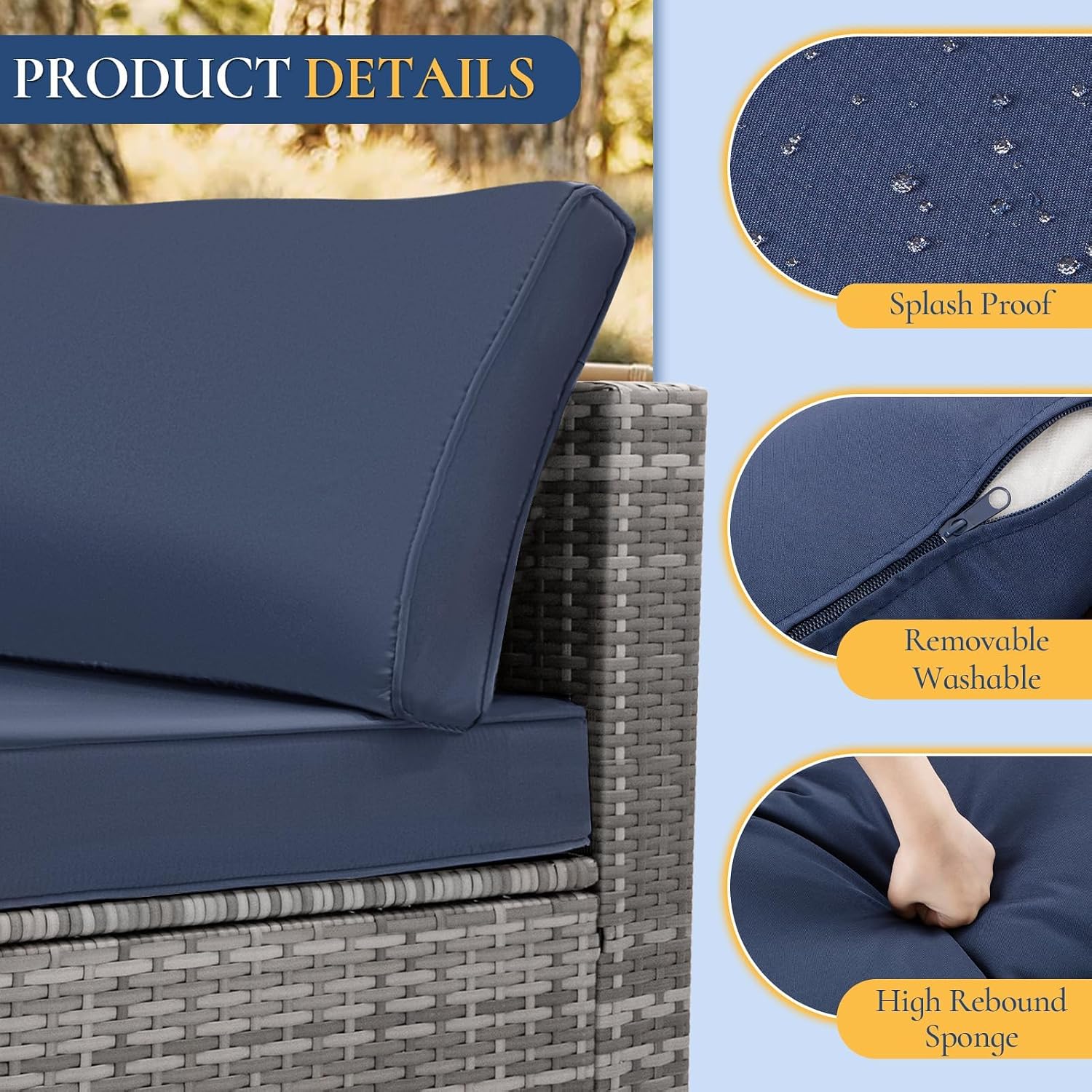 FHFO 7 Piece Outdoor Wicker Patio Furniture Set, Rattan Sectional Sofa Couch, Patio Conversation Set with Cushion & Coffee Table, for Backyard Poolside Porch Garden, Grey/Blue