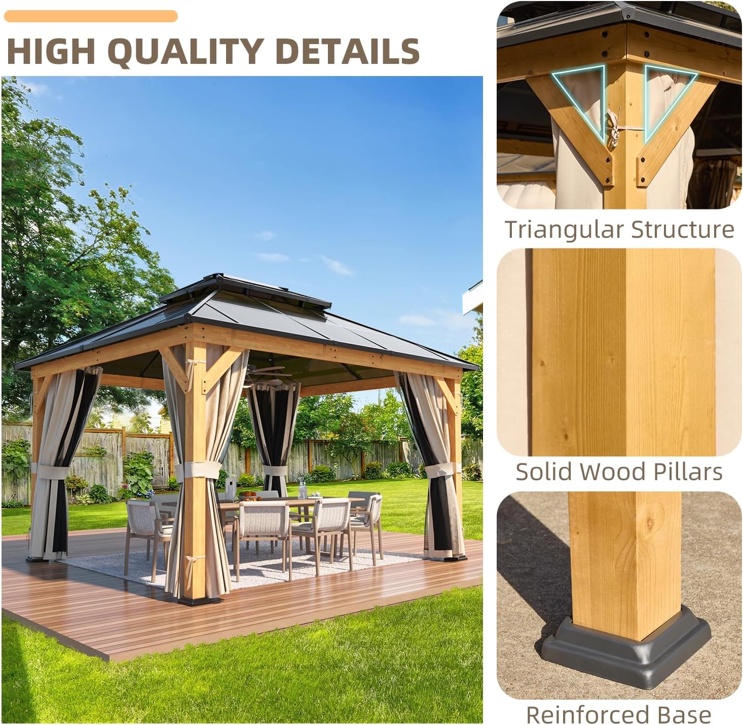 YOLENY 11'x13' Hardtop Gazebo, Wood Outdoor Gazebos with Polycarbonate Double Roof, Netting and Curtains for Decks, Backyards, Lawns and Garden