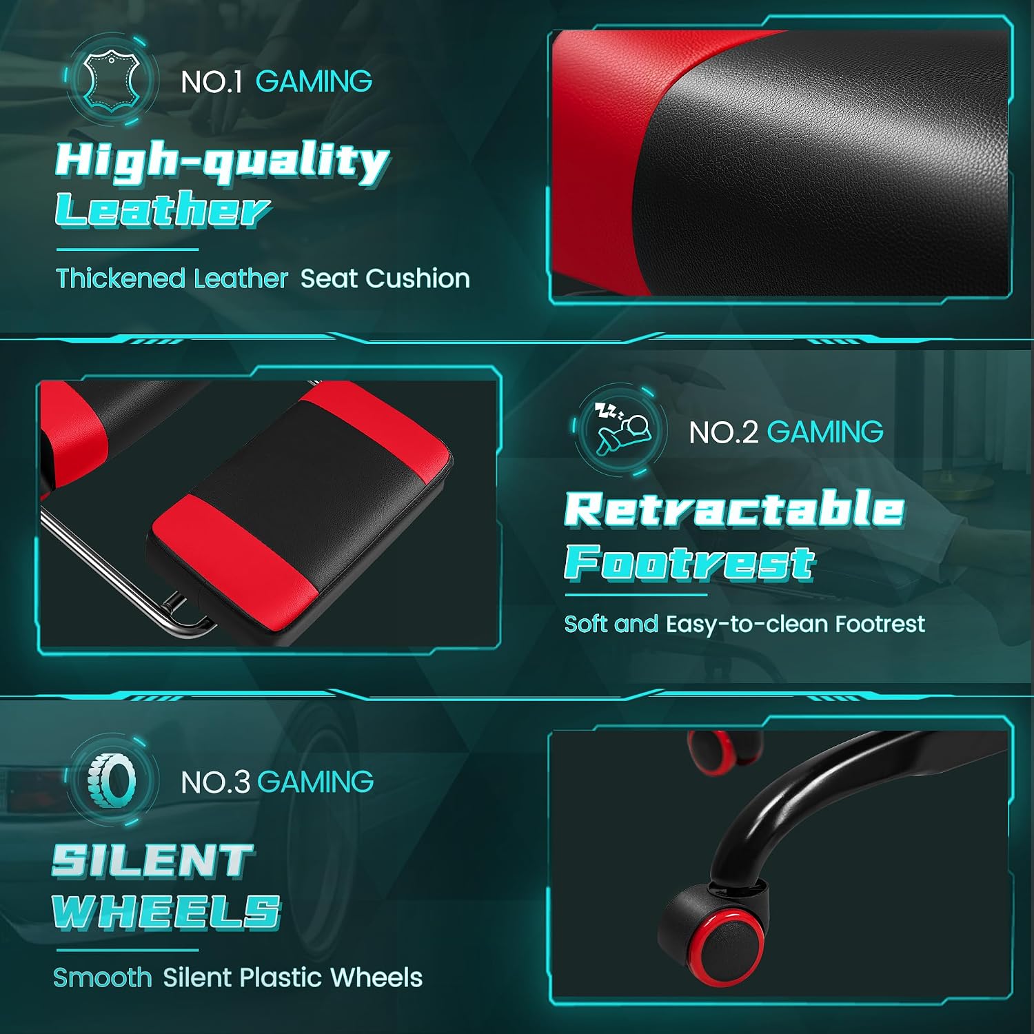 Gaming Chair with RGB, Computer Gaming Chairs with LED Lights and Footrest for Home, Office, Red and Black