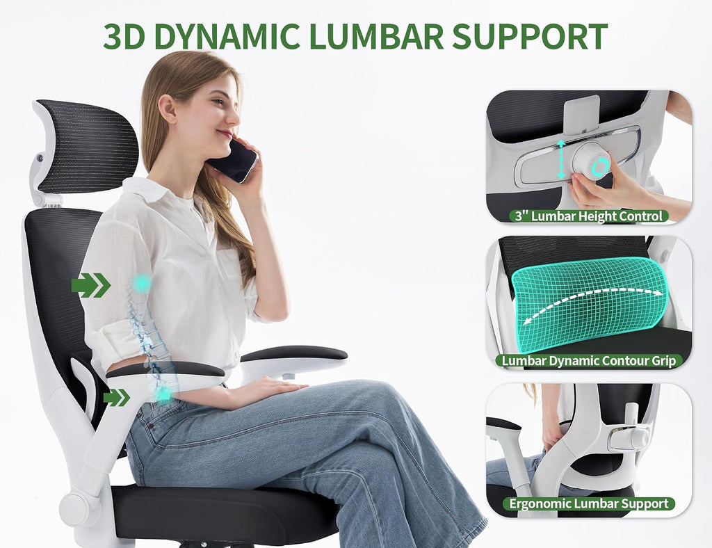 Office Chair - Ergonomic Desk Chair with Adjustable Headrest Lumbar Support Computer Chair - Mesh Comfy Chairs with Flip-up Armrests - Big and Tall Gaming Chairs for Adults Home Office(White Black)