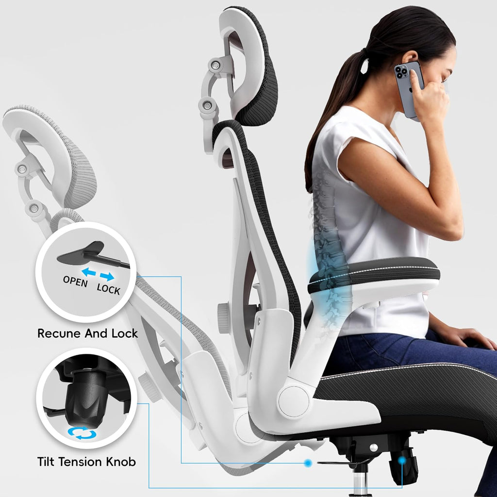 Ergalithic Office Home Ergonomic Desk Chair-Computer X-Shaped Chair Mesh PU Leather with Adjustable Lumbar Support-Executive Chair High Back with Headrest Flip-Up Arms for Long Hours (Light Black)