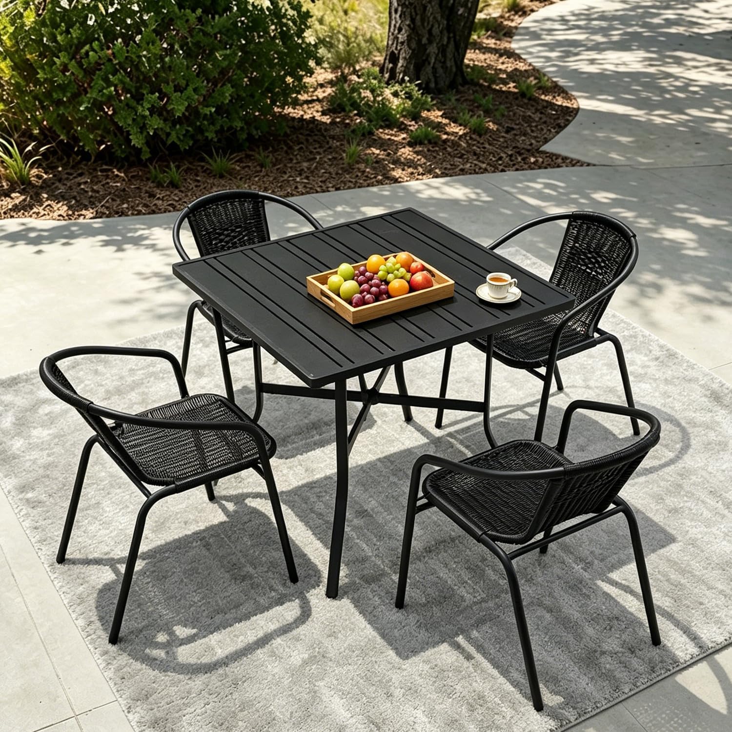 4 Pack Black Stackable Outdoor Rattan Chairs, All-Weather Patio Seating for Balcony Porch Lawn, Small Patio Furniture Set for Front Porch Decor & Outdoor Spaces