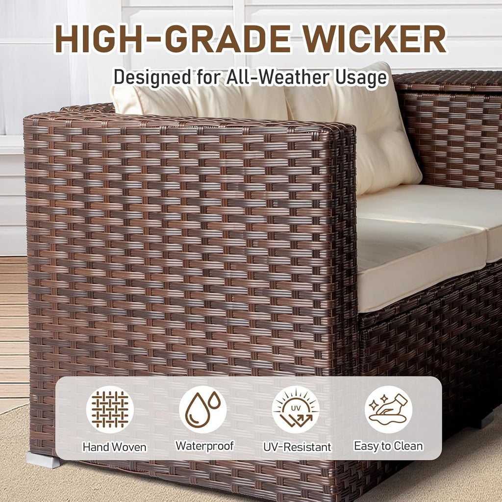 Outvita 4 Piece Outdoor Patio Furniture Set, PE Rattan Conversation Sofa Set, Wicker All-Weather Outside Furniture w/Glass Top Coffee Table with Pet Ped & Hidden Storage for Garden, Balcony (Brown)