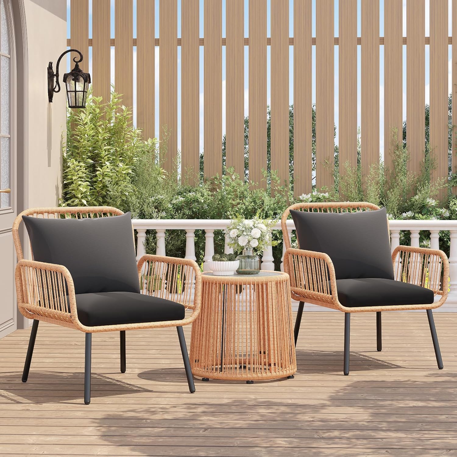 Verano Garden 3 Pieces Patio Bistro Sets, Outdoor Wicker Balcony Furniture Sets,Patio Rattan Furniture Set with Round Glass Table for Porch,Lawn,Garden,Backyard (Black, 3 PCS Set)