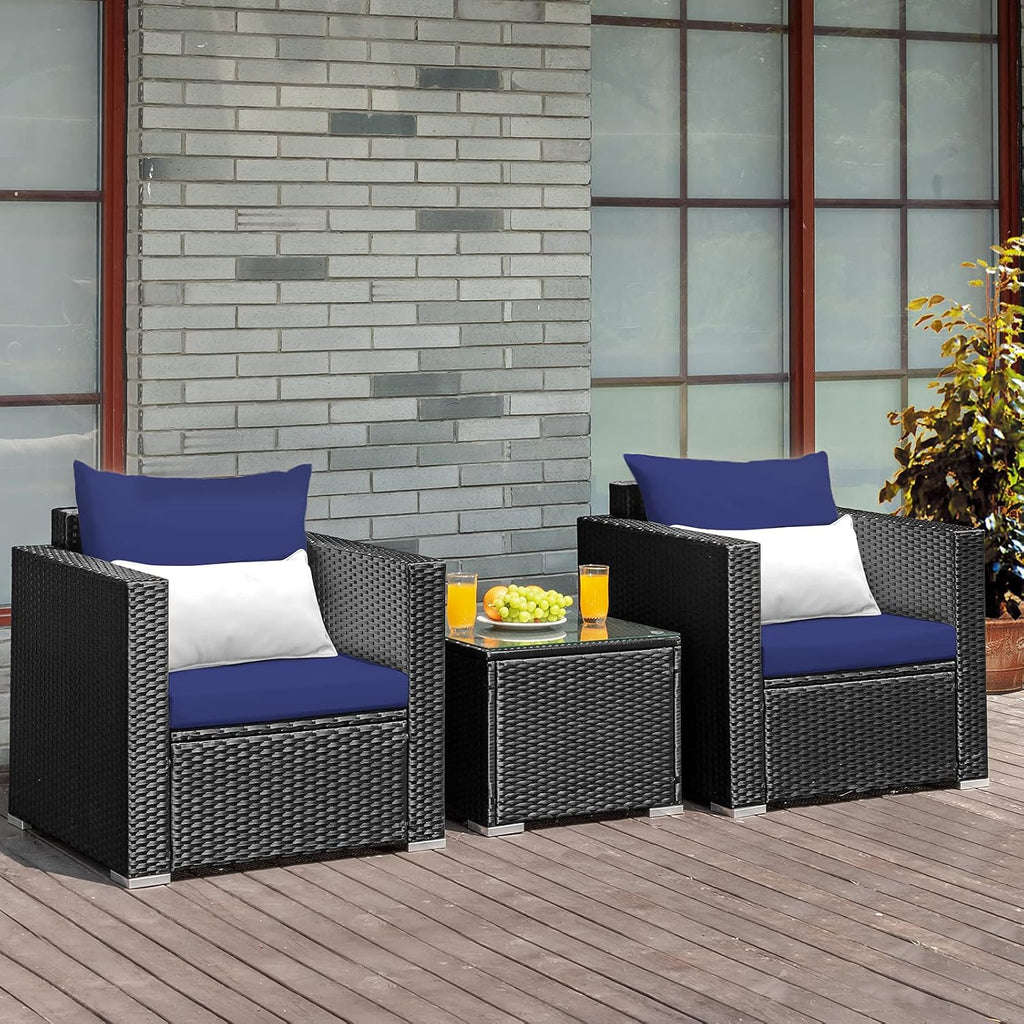 COSTWAY 3-Piece Outdoor Patio Furniture Set, Cushioned Armchairs and Tempered Glass Coffee Table, Wicker Rattan Sofa Set for Garden, Balcony, Backyard (Navy)