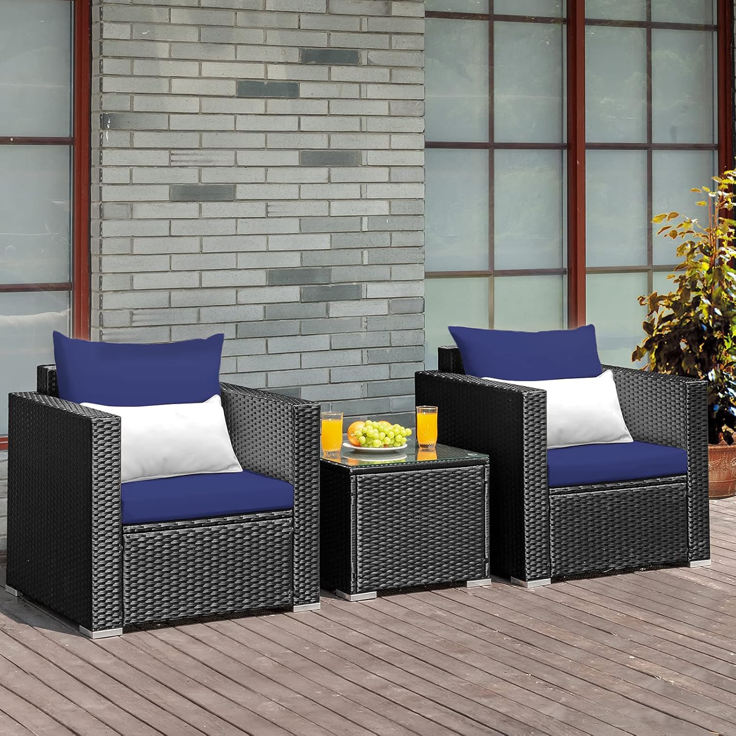 COSTWAY 3-Piece Outdoor Patio Furniture Set, Cushioned Armchairs and Tempered Glass Coffee Table, Wicker Rattan Sofa Set for Garden, Balcony, Backyard (Navy)