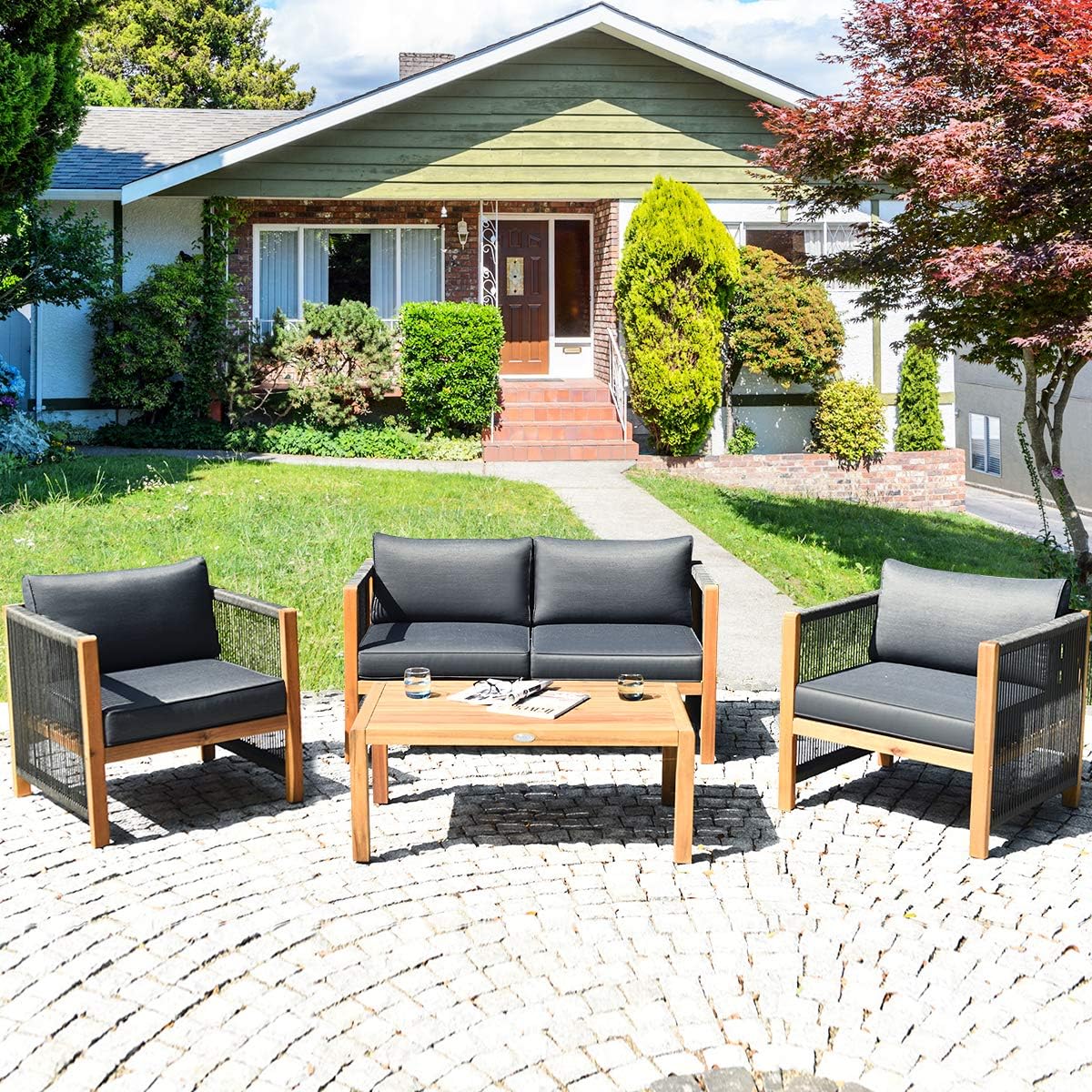 Tangkula Outdoor Wood Furniture Set, Acacia Wood Frame 2 Loveseat Sofa, 4 Single Chairs and 2 Coffee Table, 8 Pieces Conversation Set with Cushions, Garden Balcony Poolside Outdoor Living Set(2, Grey)