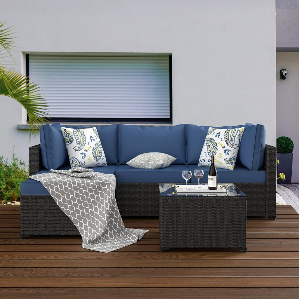 GOJOOASIS Patio Furniture Set Outdoor Sectional Sofa with Ottoman Wicker Couch Rattan Modular Seating Conversation Sets Porch Decor for Backyard, Balcony, Garden (Blue B)