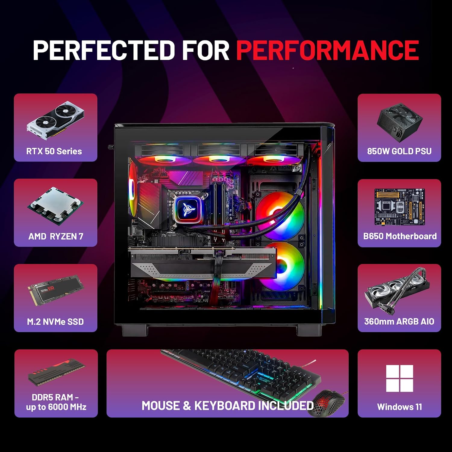 Skytech Gaming King 95 Gaming PC, AMD Ryzen 7 9850X3D 4.7GHz, NVIDIA RTX 5070 Ti 16GB VRAM, 1TB Gen4 NVMe SSD, 32GB DDR5 RAM 6000, 850W Gold ATX 3 PSU, 360 ARGB AIO, WI-FI 5, Windows 11, Desktop