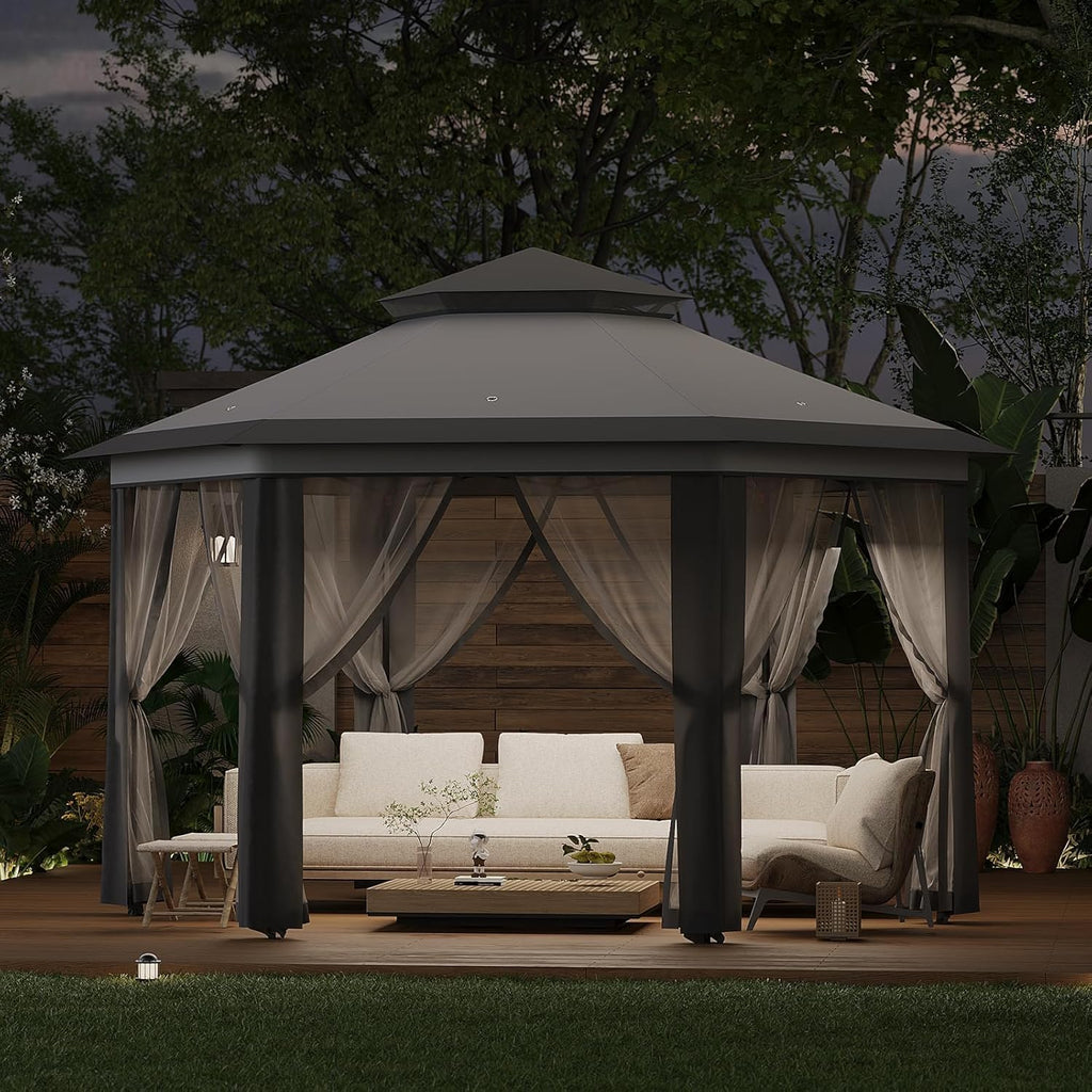 13x13ft Pop Up Gazebo, Outdoor Gazebo with 6 Pieces of Mesh Cloth, Zipper Door & Double Roof, Adjustable Tent Pavilion, UV-Resistant Outdoor Party Tent for Backyard, Garden (Light Gray + Dark Gray)