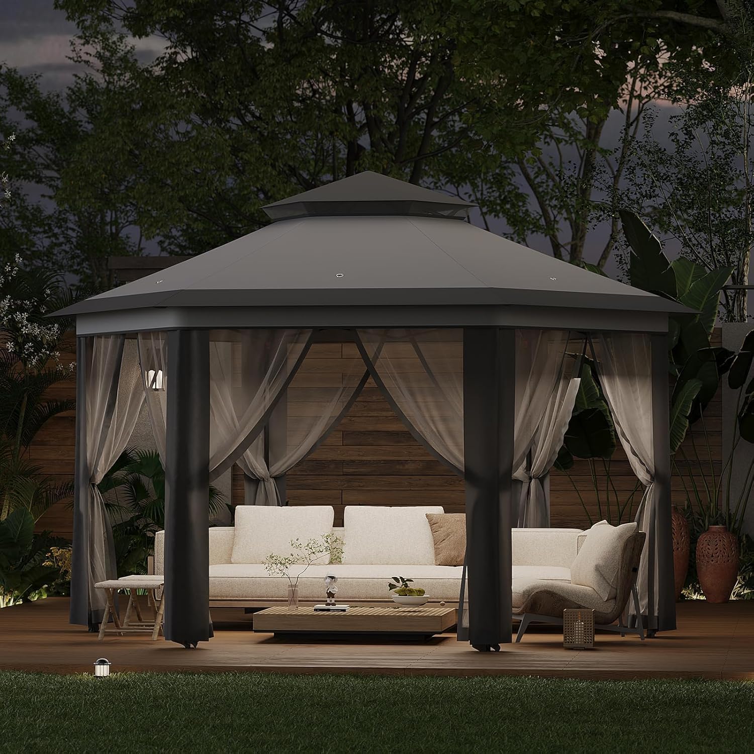 13x13ft Pop Up Gazebo, Outdoor Gazebo with 6 Pieces of Mesh Cloth, Zipper Door & Double Roof, Adjustable Tent Pavilion, UV-Resistant Outdoor Party Tent for Backyard, Garden (Light Gray + Dark Gray)