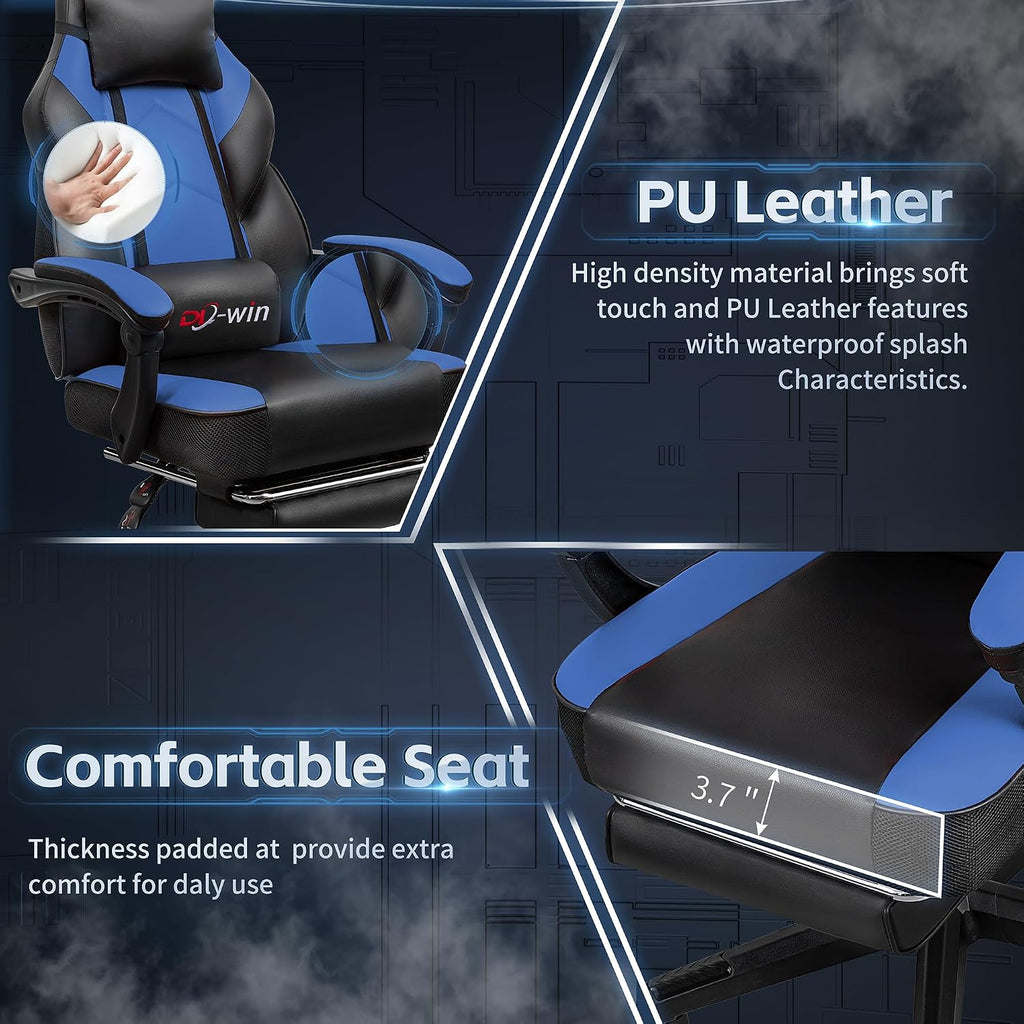 Gaming Chair with Footrest & Lumbar Support, Ergonomic Racing Style Computer Chair, 360° Swivel Height Adjustable Video Game Chair, Massage Office Chair Gaming Equipment, Blue
