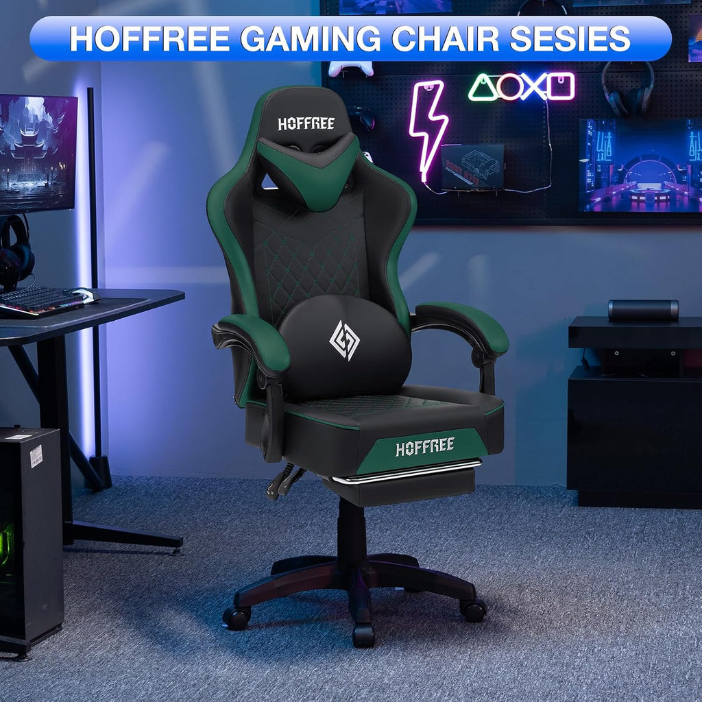 HOFFREE Gaming Chair Computer Chair with Speakers Massage Game Chairs with Footrest Bluetooth High Back Ergonomic Computer Gaming Chairs for Adults Reclining Video Gamer Chair Green and Black
