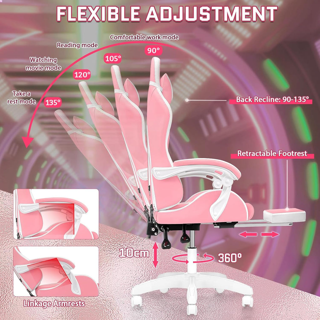 RGB Gaming Chair with LED Lights Massage Ergonomic Video Game Chairs with Footrest High Back Reclining Computer Chair with Lumbar Support Adjustable Footrest Pink and White