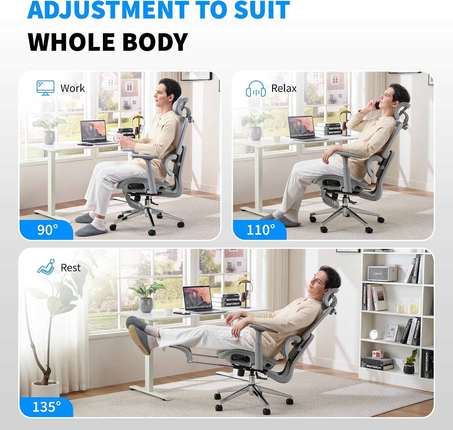 Mesh Ergonomic Office Chair with Footrest, High Back Mesh Gaming Chair with Lumbar Support, Adjustable Headrest and Armrests for Home Office Desk Chair (Modern, Grey)