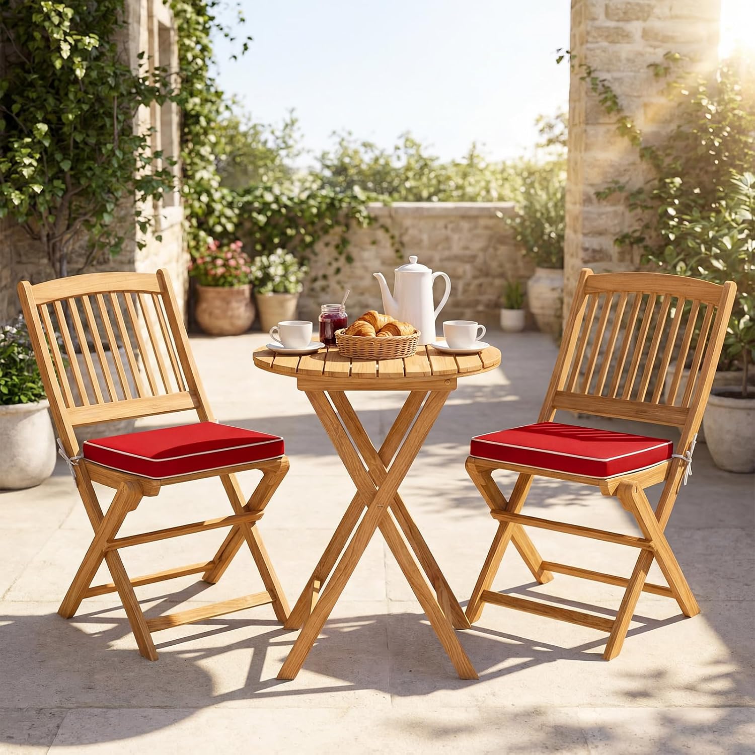 Giantex 3Pcs Patio Bistro Set, Wood Folding Table Set, 2 Cushioned Chairs for Garden Yard, Outdoor Furniture Round Table, Natural & Red
