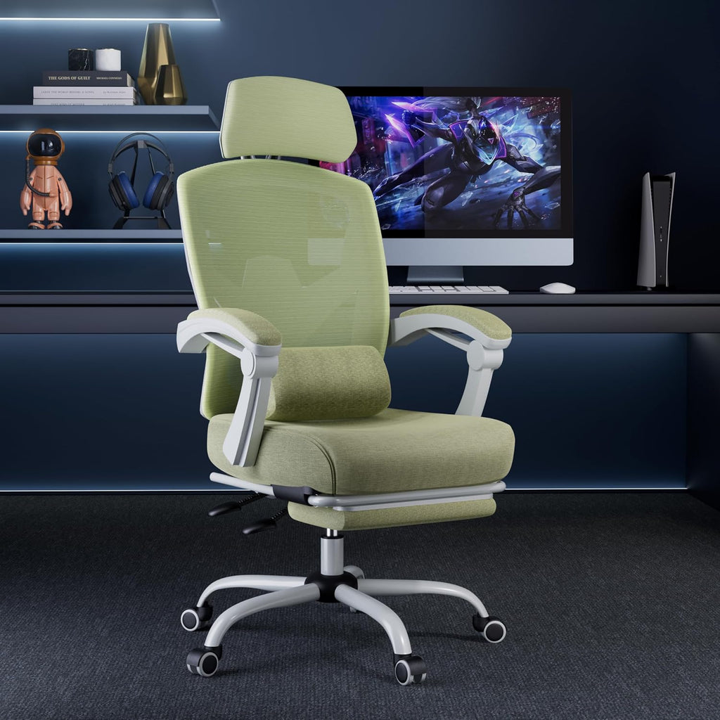 DUMOS Office Desk Chair with Footrest Ergonomic Gaming Chair for Adults Computer Mesh, Lumbar Support,Swivel Reclining with Headrest, Comfy Armrest for Home, Office, Work, Study, Light Green