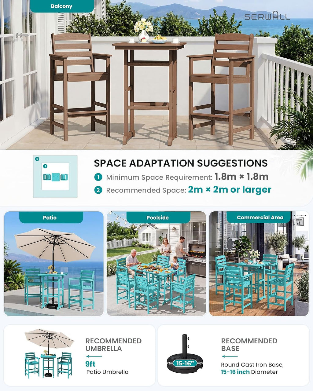 SERWALL 5 Pieces Adirondack Bar Chairs Set, HDPE Outdoor Barstool Furniture, Aruba