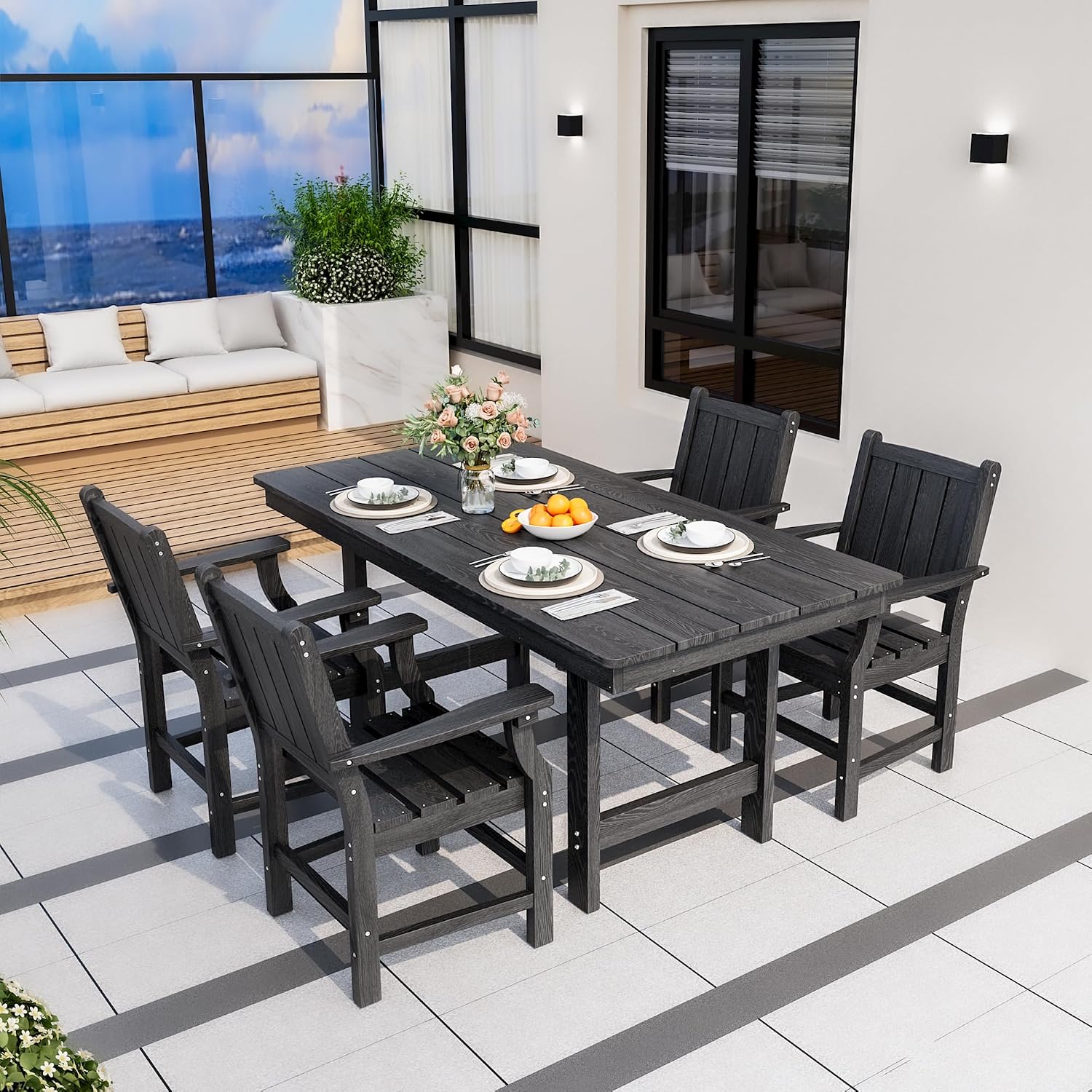 Pamapic 5-Piece Outdoor Dining Set, HDPE Outdoor Rectangular Table and 4 Chairs, Wood Grain Patio Furniture Sets with Armrest, All-Weather Patio Dining Table with Umbrella Hole, Black