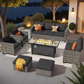 ovios 7 Pieces Patio Furniture Set with 54' Fire Pit Table, Outdoor Wicker Sofa with Comfy Cushions, All Weather High Back Rattan Couch Conversation Set, Black
