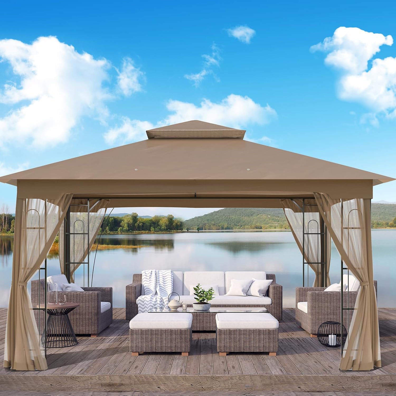 Outdoor Gazebo with Mosquito Netting 13x11 at Top and 12x10 at Base, Double Tier Roof Patio Gazebo Pavilion for Backyards, Patio, Garden and Lawn, Brown