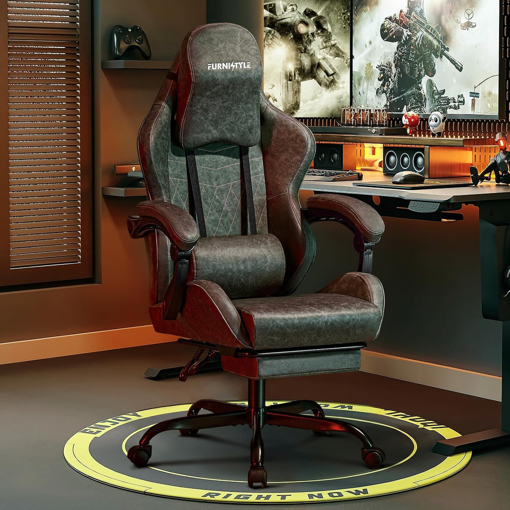 Gaming Chair Video Game Chairs with Large Headrest Pillow, Linkage Armrests, Retro PU Leather Ergonomic Computer Chair for Gaming or Office, Green