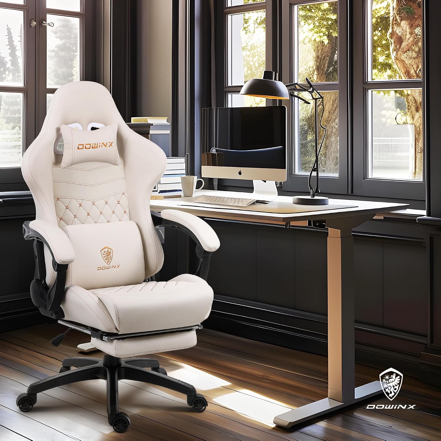 Dowinx Big & Tall Vintage Gaming Chair for Adults, 400 lb Capacity Heavy Duty Ergonomic Computer Chair with Massage Lumbar, Footrest & Easy Side Recline, Ivory