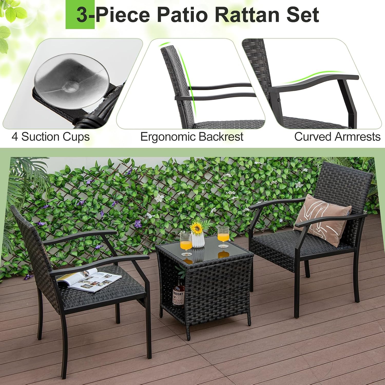 Tangkula 3 Pieces Patio Wicker Chair Set, Waterproof All Weather Resistant Heavy Duty Outdoor Conversation Set with Quick Dry Foam Seating, for Poolside, Backyard, Garden (Mix Brown)