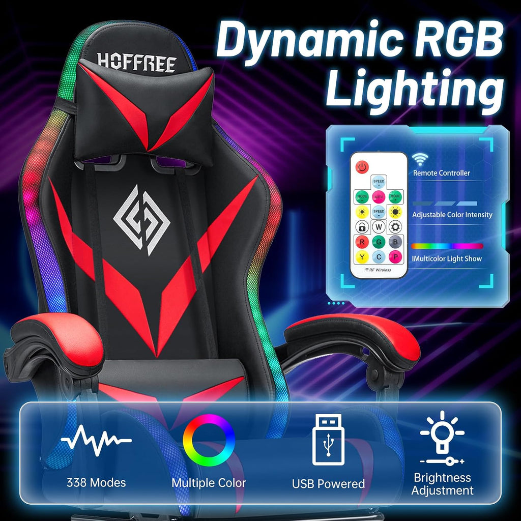 HOFFREE RGB Gaming Chair with Speakers and Massage Ergonomic Computer Chair with Lights and Footrest Reclining Video Game Chairs for Adults Red and Black