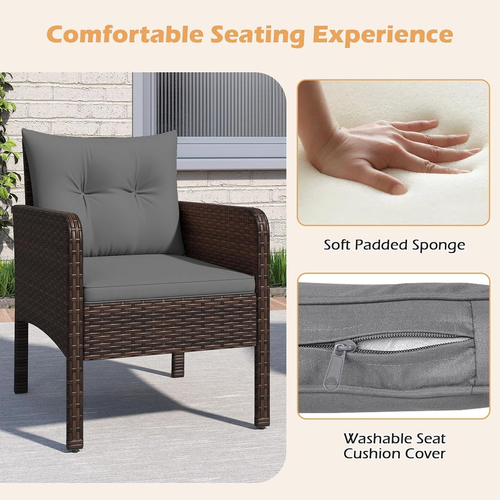 Tangkula 3 Pieces Patio PE Wicker Furniture Set, Outdoor Bistro Conversation Set with Cushions and Tempered Glass Coffee Table, Outside Rattan Table and Chairs for Porch (Gray)